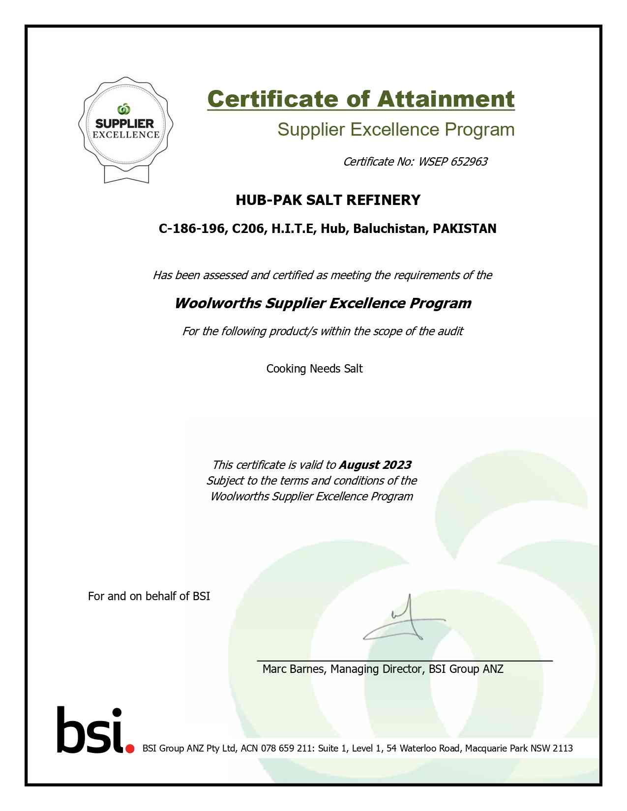 Certificate of Attainment Supplier Excellence Program