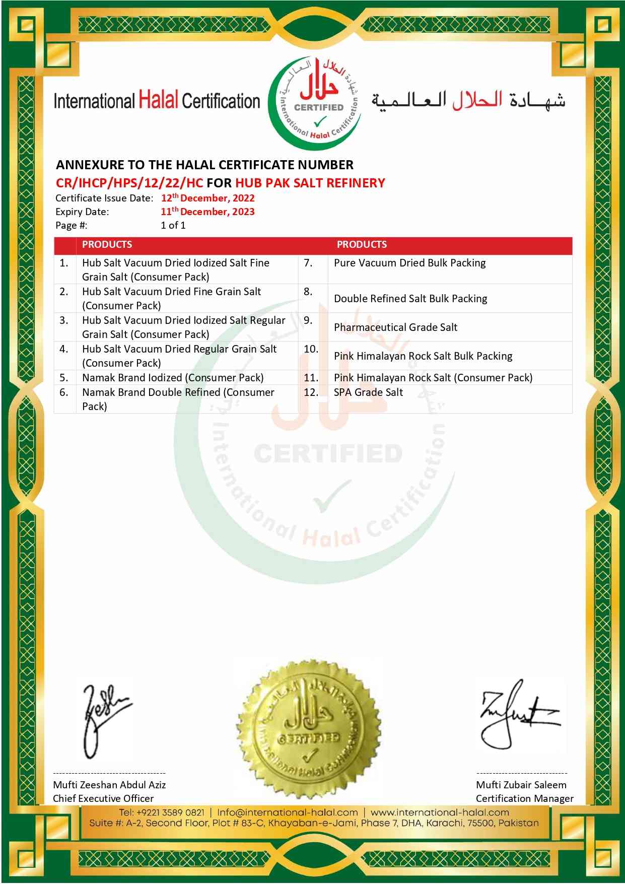 IHC Halal Certificate Annexure -HUB PAK SALT REFINERY-2022-2023