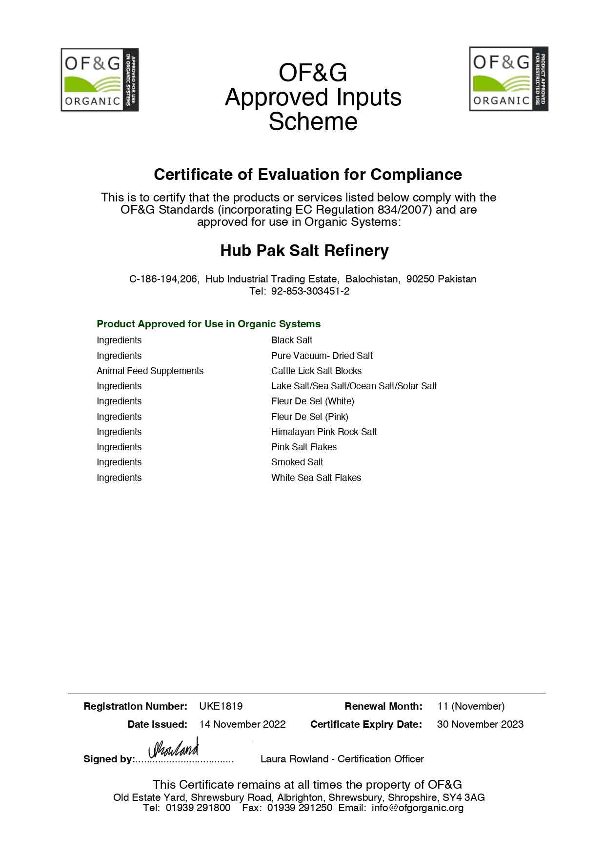 Certificate of Evaluation For Compliance