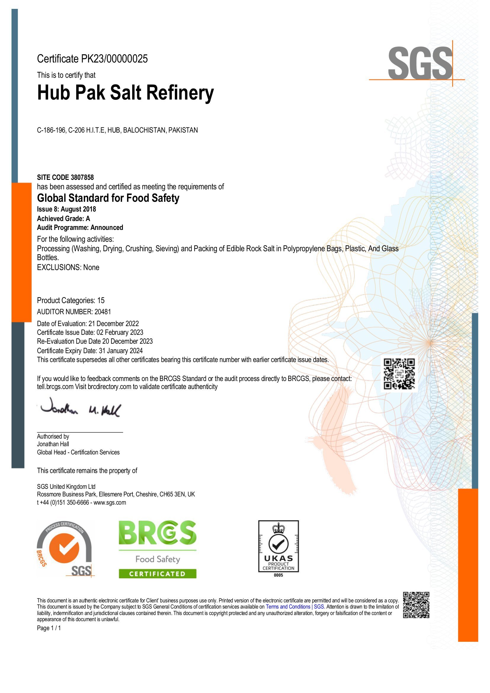 Hub Pak Salt Refinery-RCA-BRCF8(SALT)-CERTIFICATE-2023
